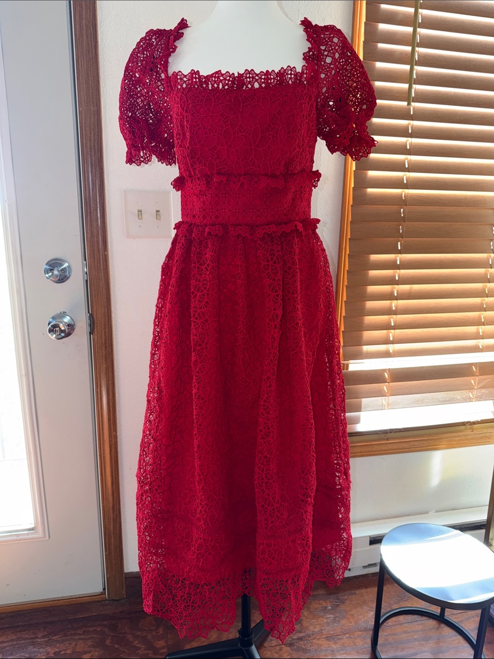 Self-Portrait Red Lace Puff-Sleeve Formal Dress